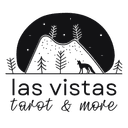 Las Vistas logo in black and light grey: a picture of a fox with a background of a mountain and trees under a night sky and words underneath: Las Vistas Tarot & More