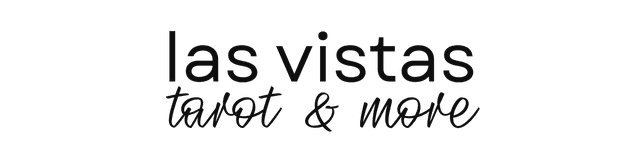 Las Vistas logo in black and light grey: a picture of a fox with a background of a mountain and trees under a night sky and words underneath: Las Vistas Tarot & More